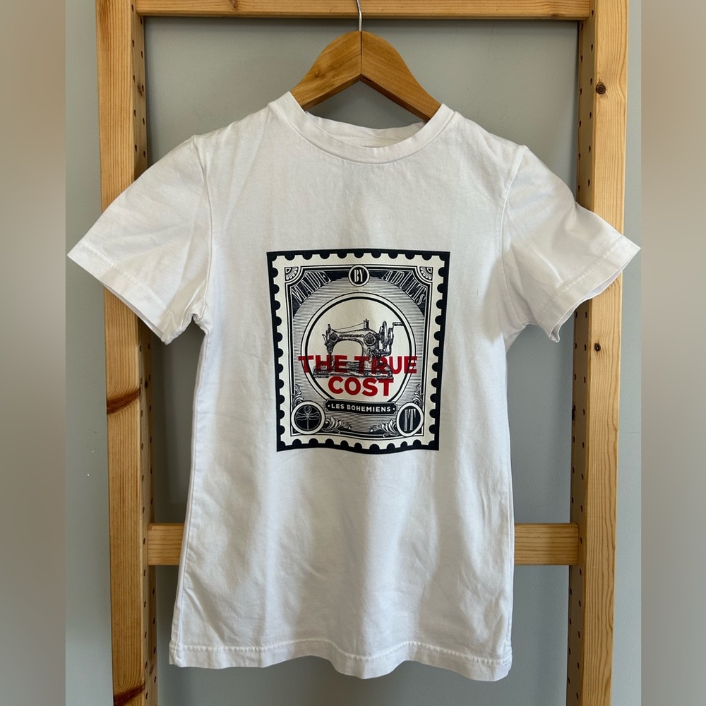 LES BOHEMIENS Kids White Graphic “TRUE COST” T-Shirt Size 8 Kids Unisex